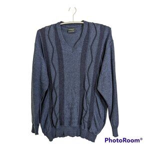 Vintage Merino Wool Mens Sweater XL Euro 58 V Neck Pullover Blue Striped Austria